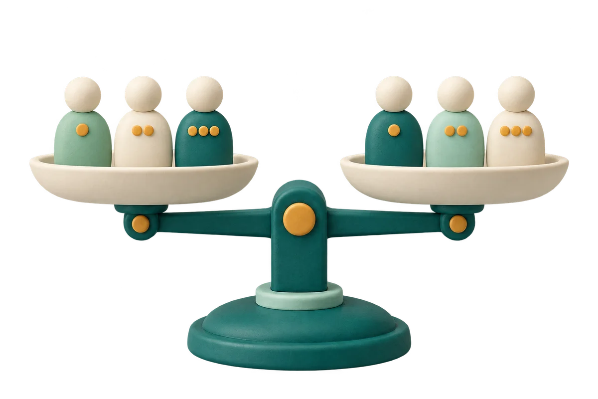 A level teal balance scale with three clay figures on each pan, each team mixing one-dot, two-dot and three-dot badges