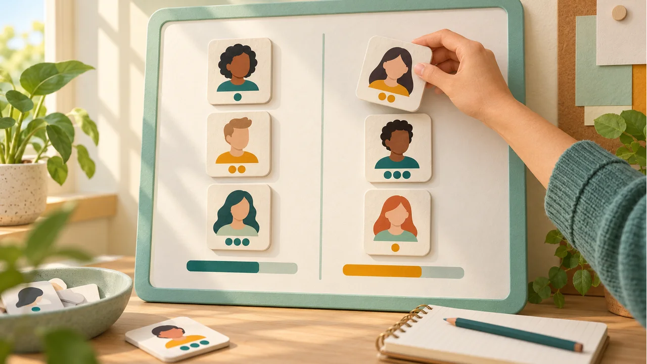 A hand adjusts portrait tiles with mixed experience badges on a planning board above two nearly equal comparison bars