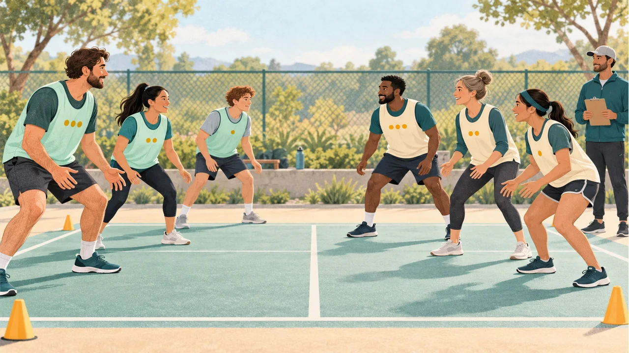 Two three-person practice teams face each other on a court, with different experience-dot badges represented on both teams