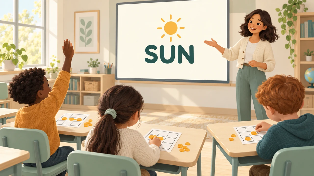 Teacher leading a bingo activity with a large SUN word display while learners mark paper cards