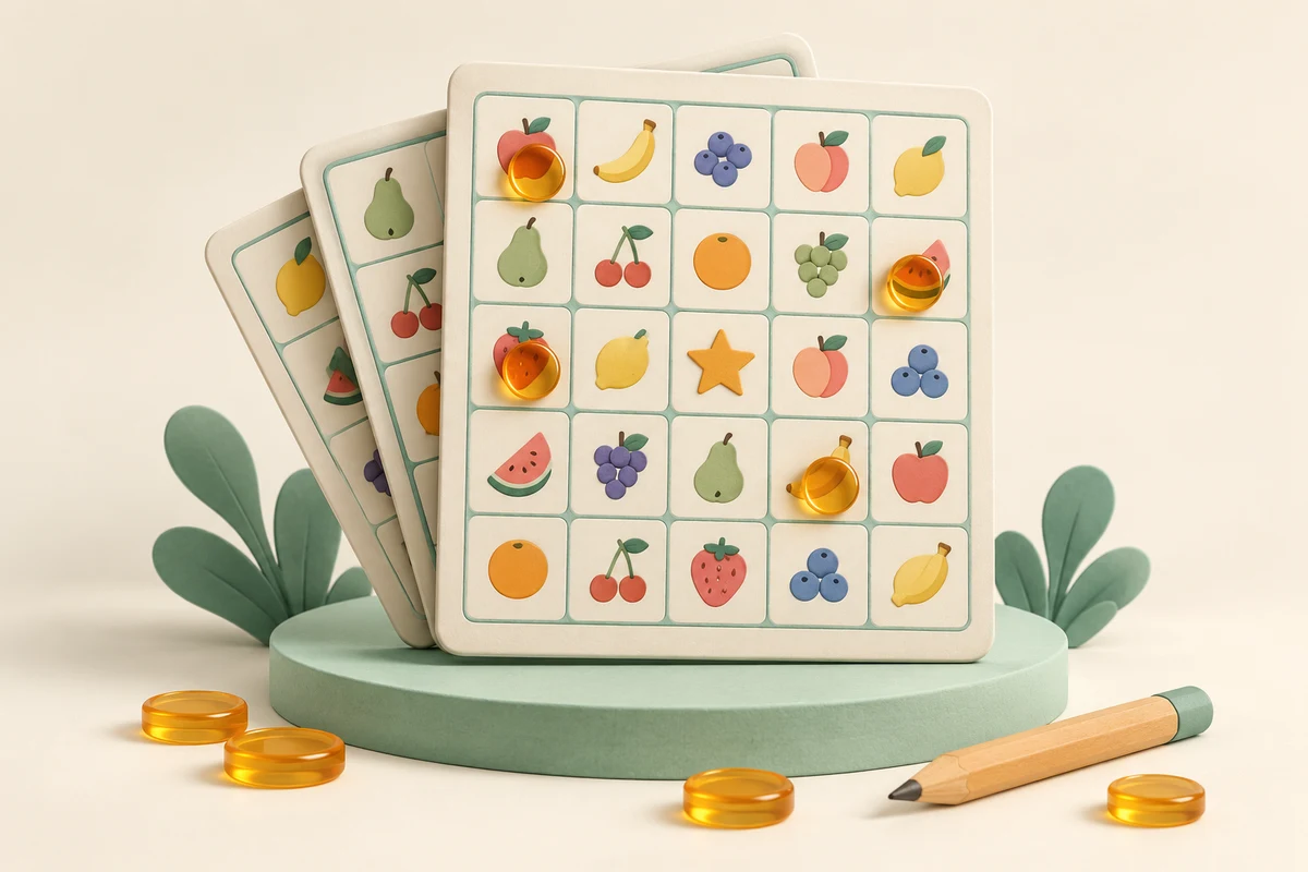Illustrated ivory bingo cards with fruit symbols, a central star and amber counters on a mint pedestal