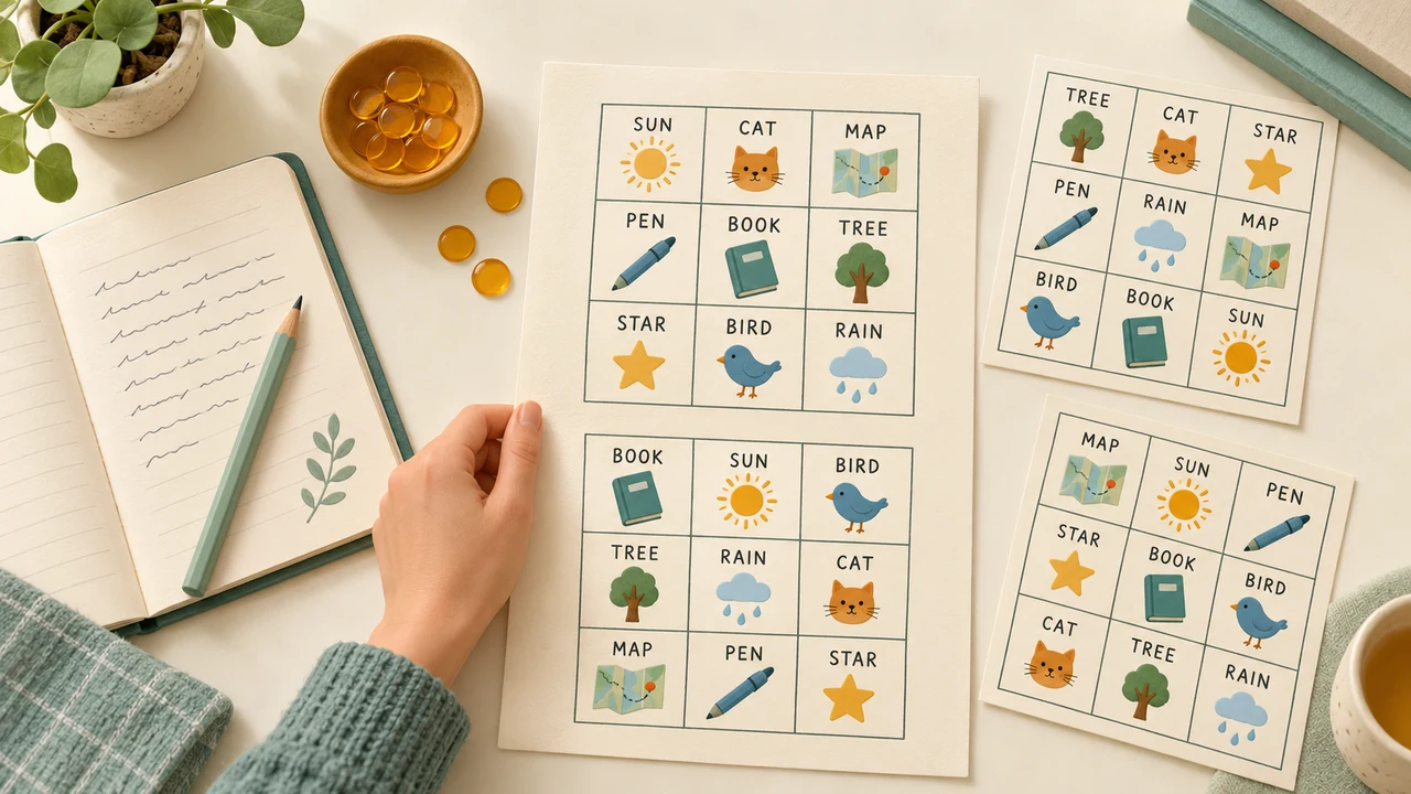 Overhead illustration of a hand arranging two vocabulary bingo grids on an ivory print sheet beside counters and notes