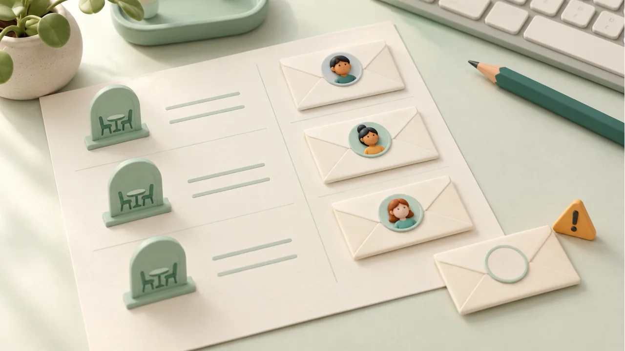 Close view of a two-column export sheet beside email identity cards and room tabs without written labels
