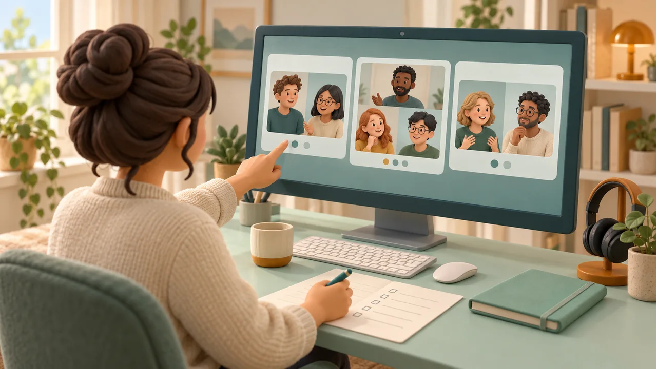 Remote workshop organizer reviewing three video discussion windows on a monitor at a home desk