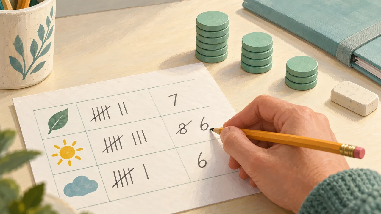 A teacher checks a score record with a corrected number beside three neat piles of team tokens
