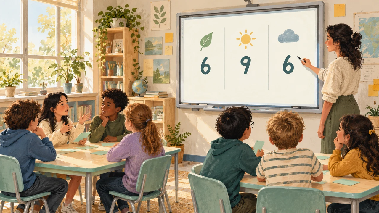 A teacher updates three projected team scores while students discuss answers around two tables