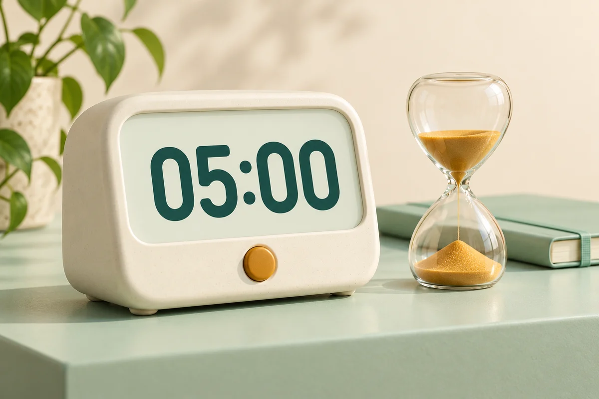 Ivory digital timer showing 05:00 beside an amber-sand hourglass and a mint exercise book