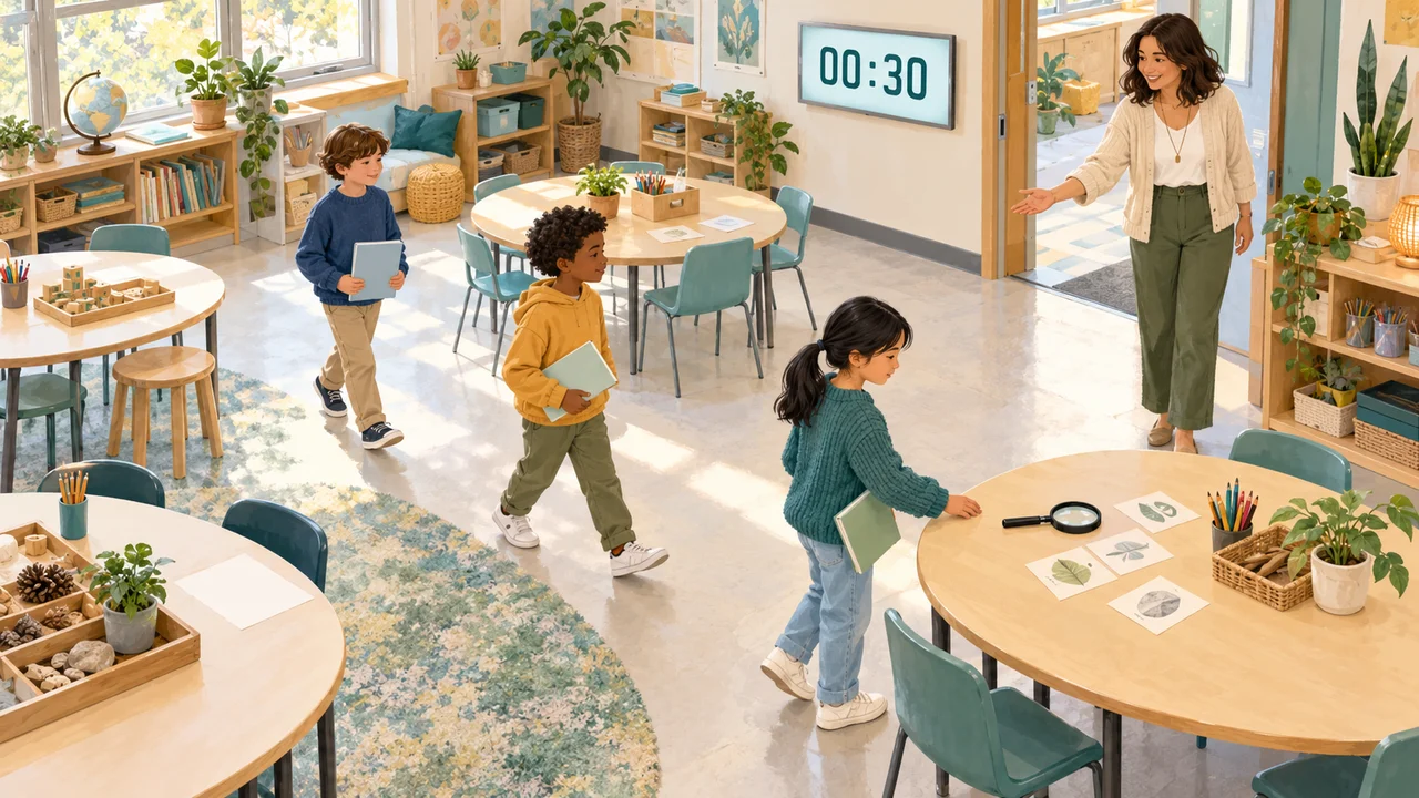 Students moving between classroom activity stations while a wall display shows a short transition countdown