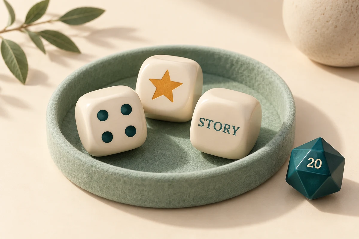 Ivory dice showing four dots, a star and the word STORY in a mint tray beside a teal twenty-sided die