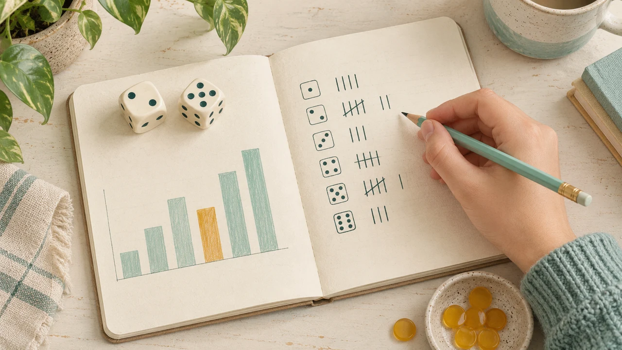 Overhead view of two ivory dice beside an experiment notebook and amber counting tokens
