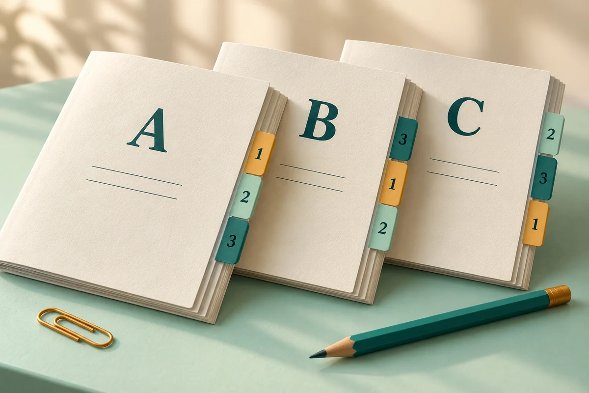 Three ivory exam booklets labelled A, B and C with differently ordered question tabs