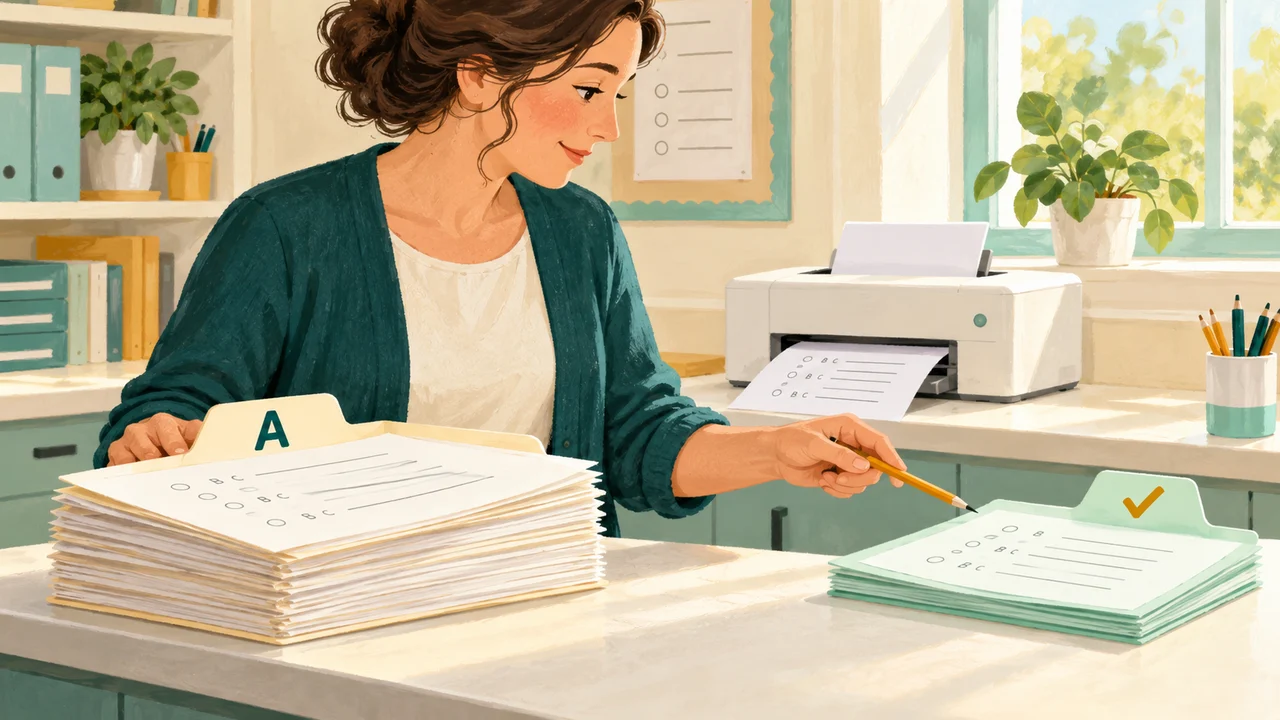 Teacher comparing two separately labelled worksheet and answer-key stacks before printing
