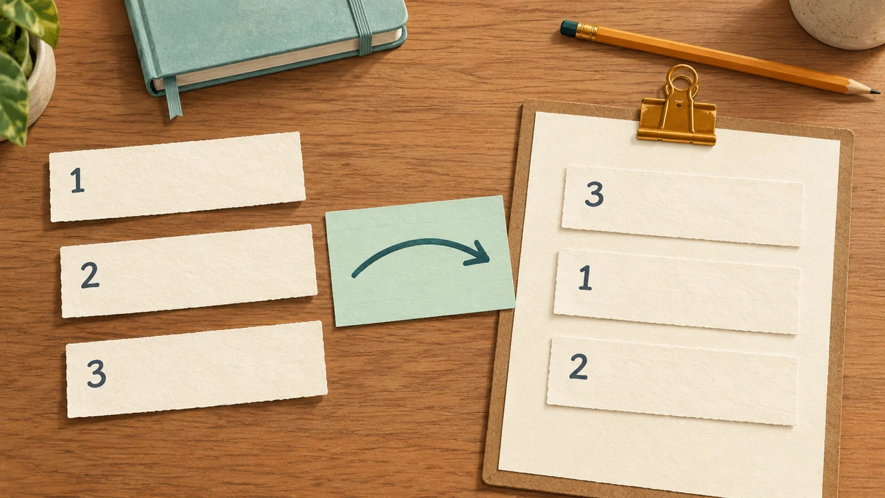 Paper question strips numbered one, two and three rearranged into a different sequence on a clipboard