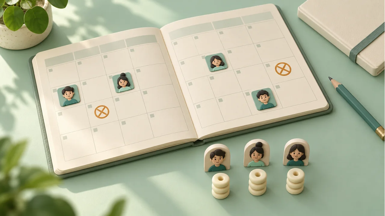 Open availability planner with portrait markers, blank date squares and a small blocked-time marker beside balanced duty counters
