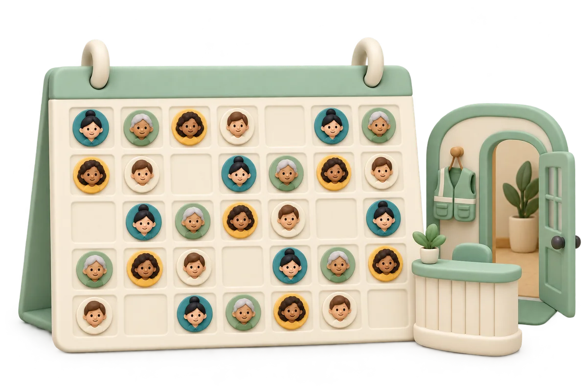 Clay calendar with alternating portrait badges beside a miniature community welcome desk and volunteer vest