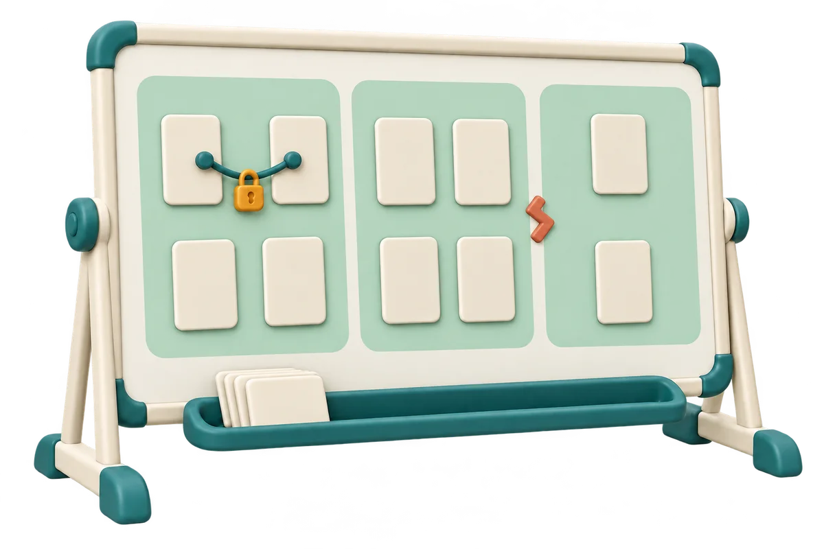 An ivory whiteboard has three mint grouping areas, linked member cards, an amber lock and a separation marker between groups