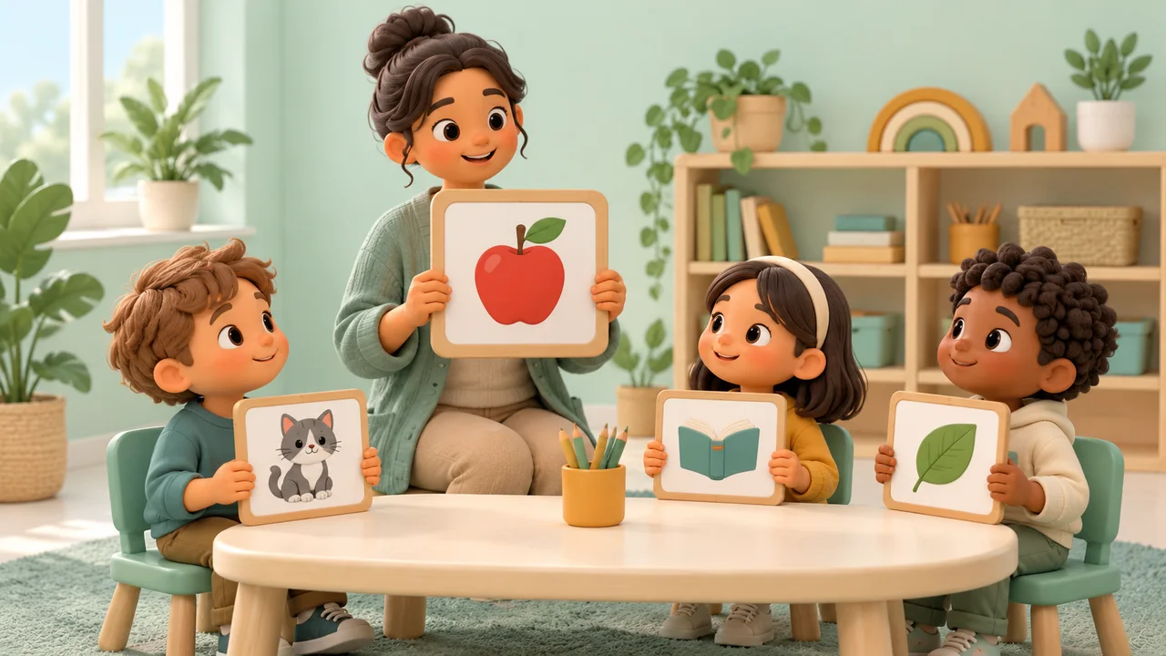 Teacher shows an apple picture while children compare animal, book and leaf cards