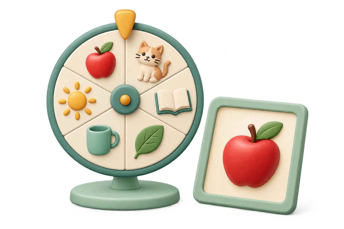 Clay picture spinner with object thumbnails and an enlarged apple picture beside its mint stand