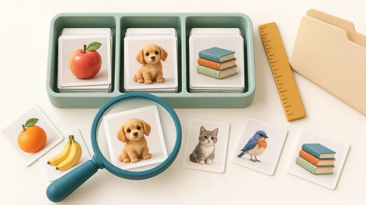 Overhead photo tray with object pictures, a magnifying lens and a ruler on an ivory desk
