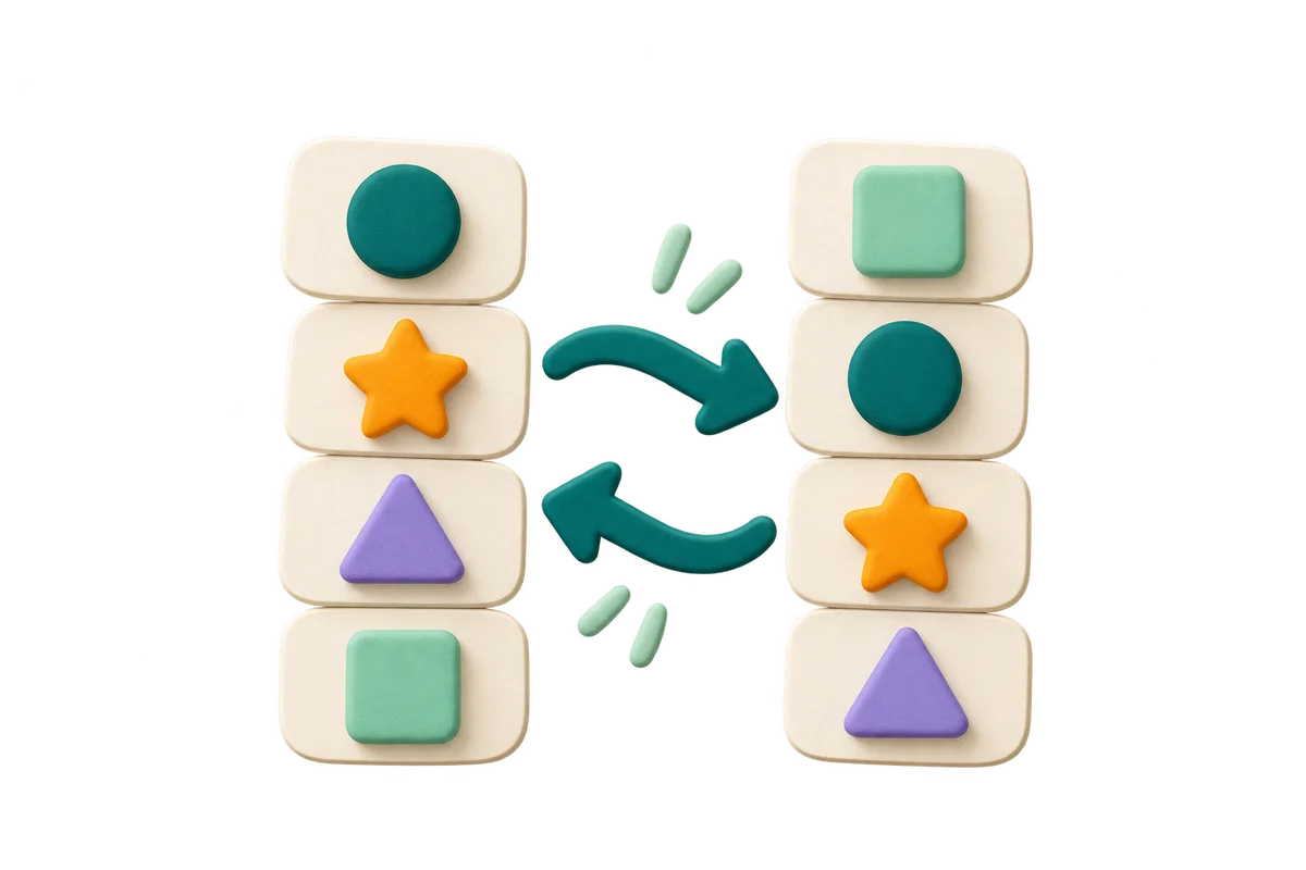 Two sets of four paper strips with matching symbols arranged in different orders