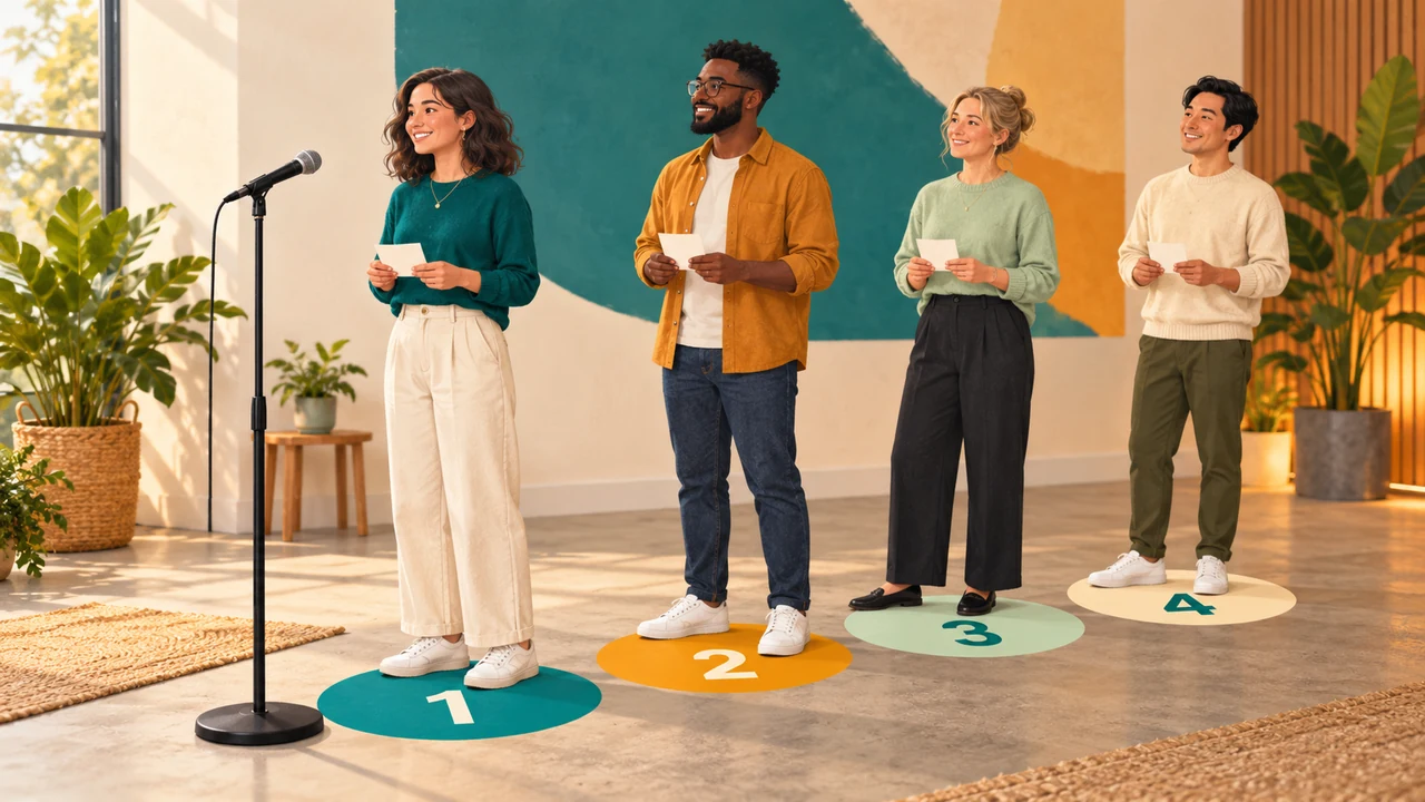 Four workshop participants wait beside a microphone on floor markers numbered one through four.