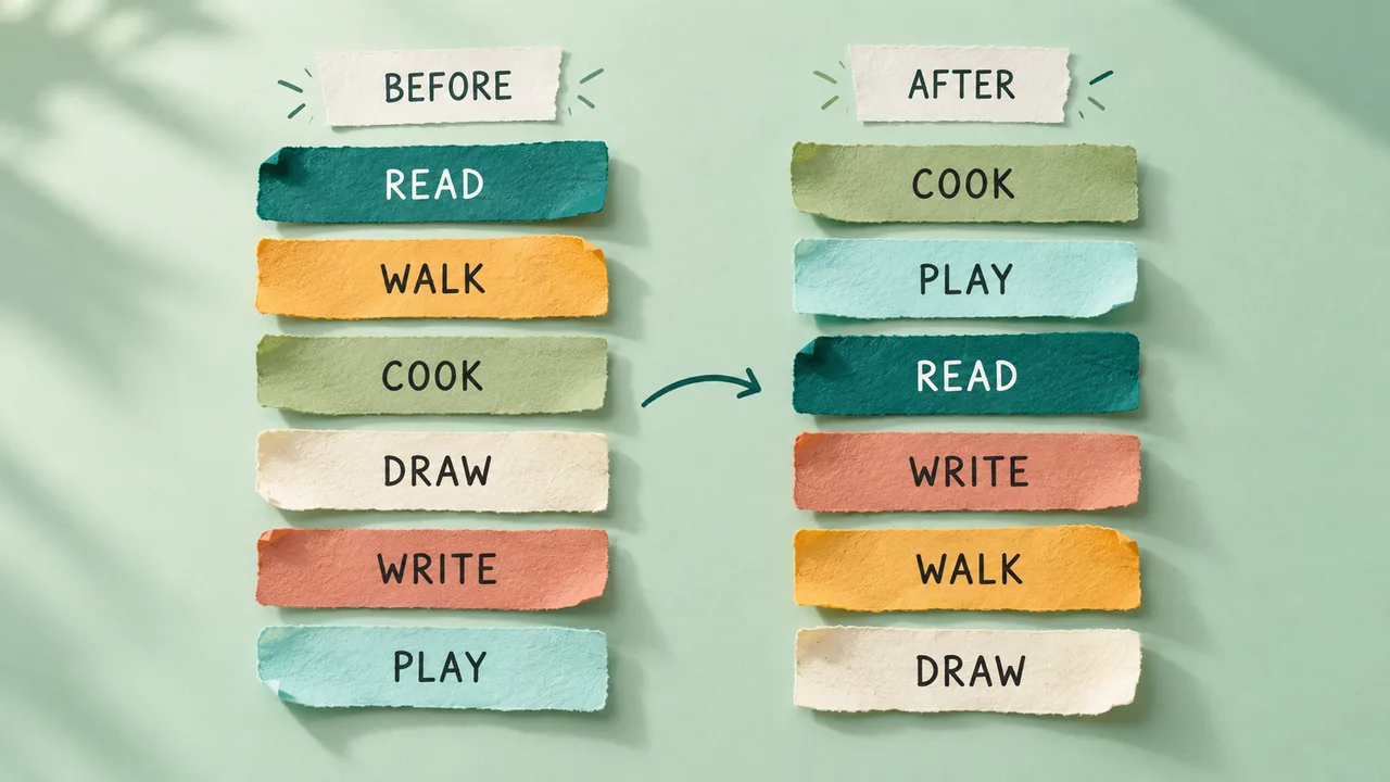 Two columns of colored paper strips show the same six activities in their original and shuffled order.