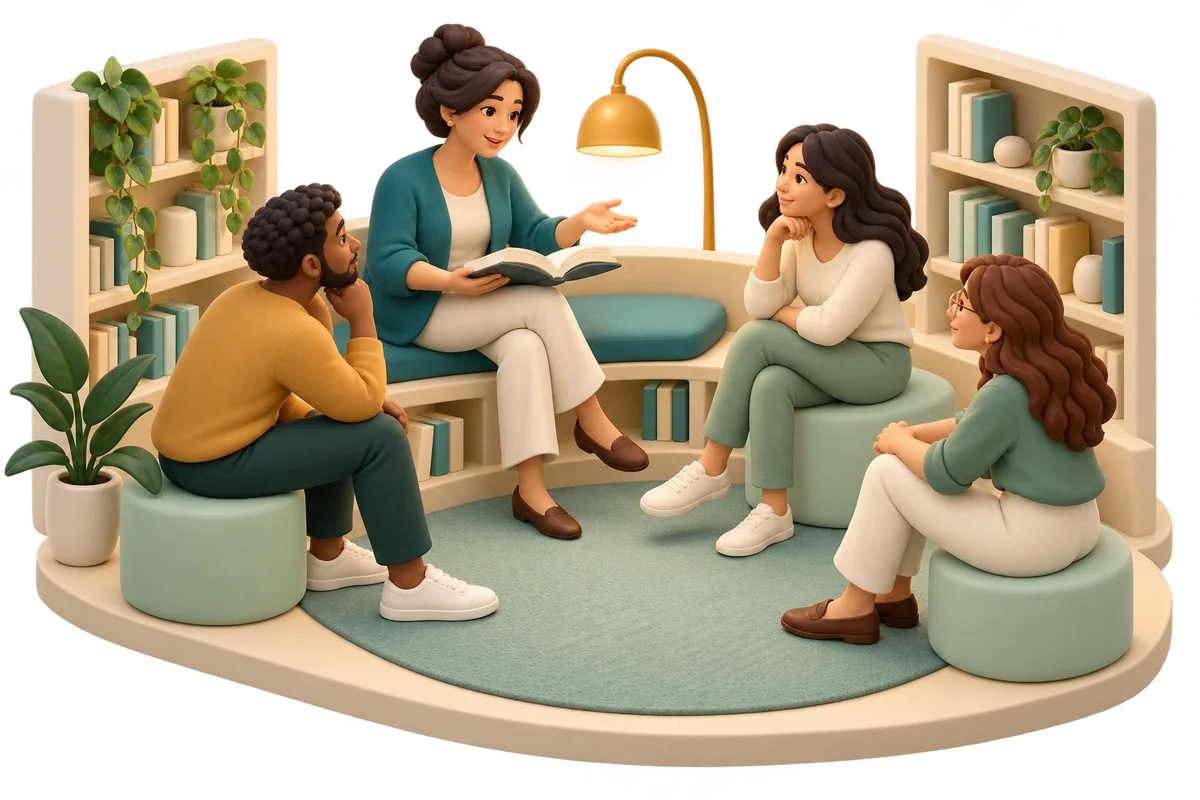 Adult mentor reading with three learners on mint stools in a small clay library alcove