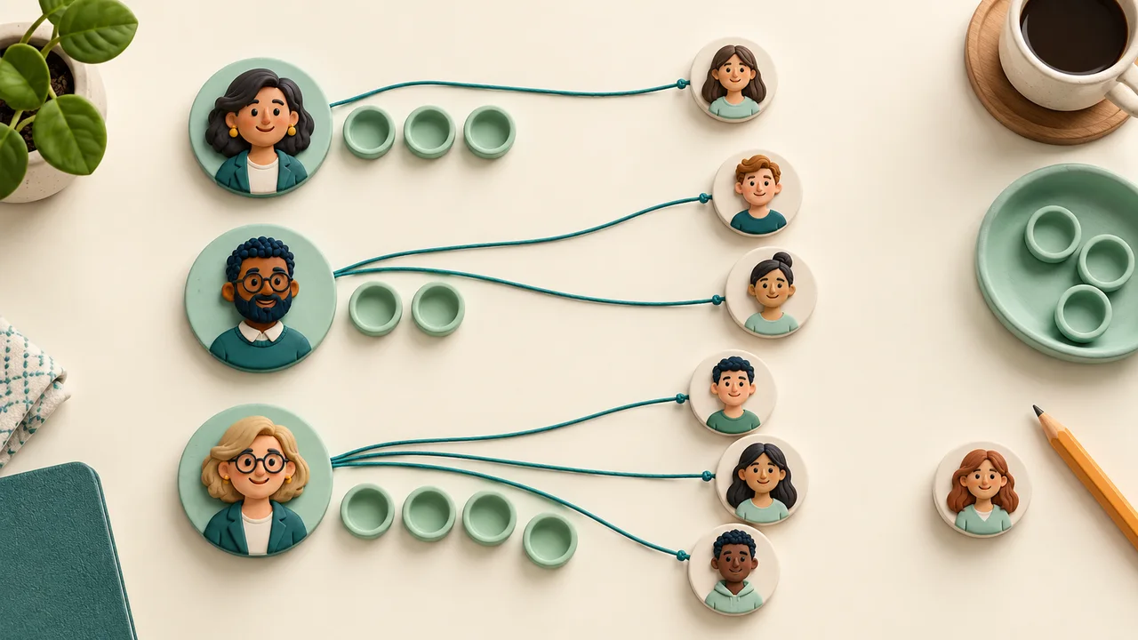 Three mentor portrait tokens connected to different numbers of learner tokens on an ivory tabletop