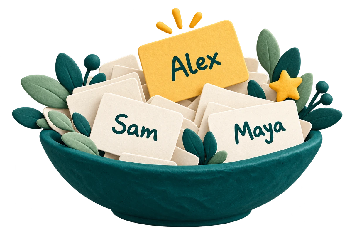 A teal bowl of name cards ready for a random selection