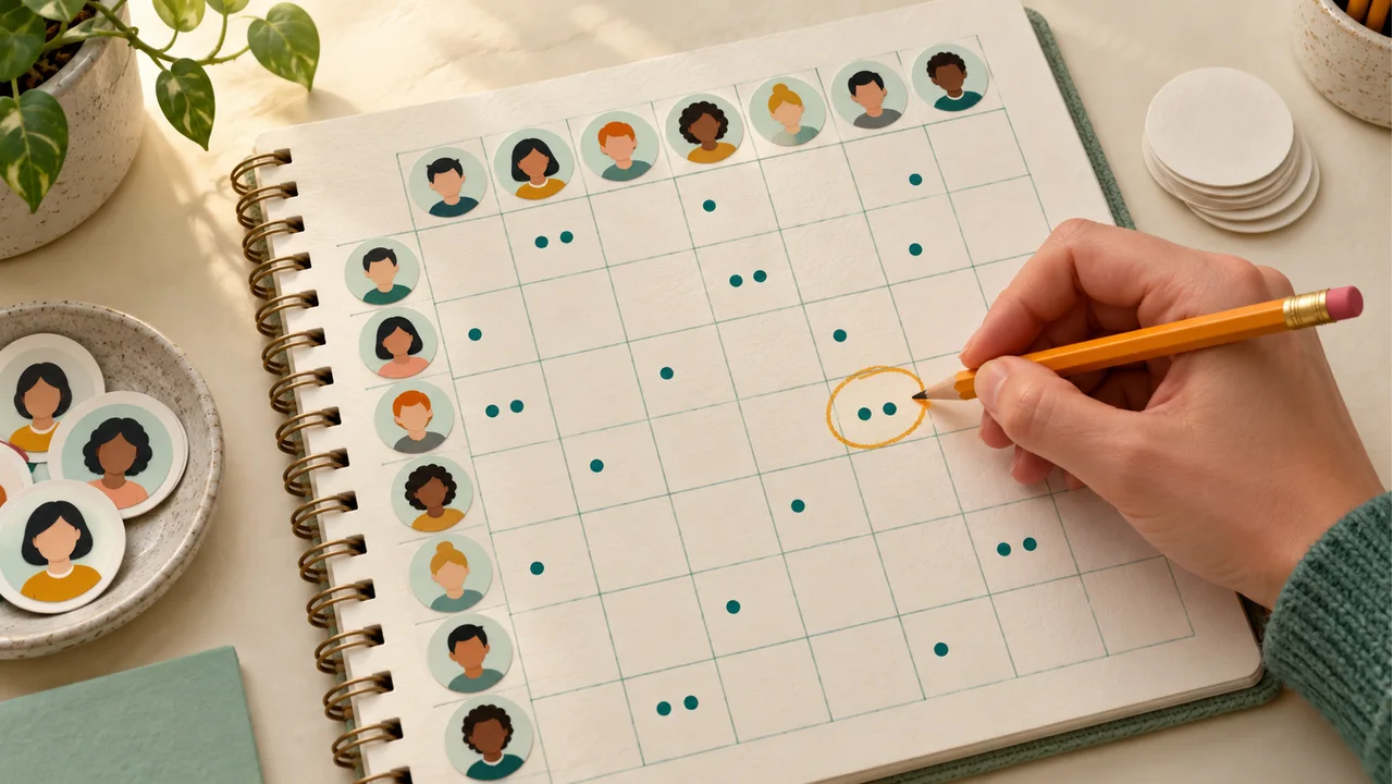 A hand circles two tally dots in a paper meeting-history grid with generic portrait tokens along its edges