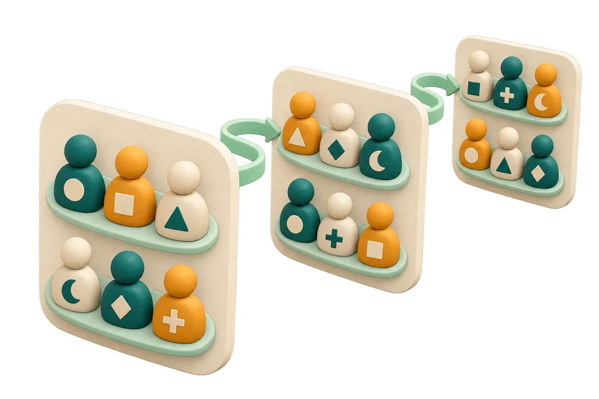 Three successive cream panels with participant tokens changing between two groups over time