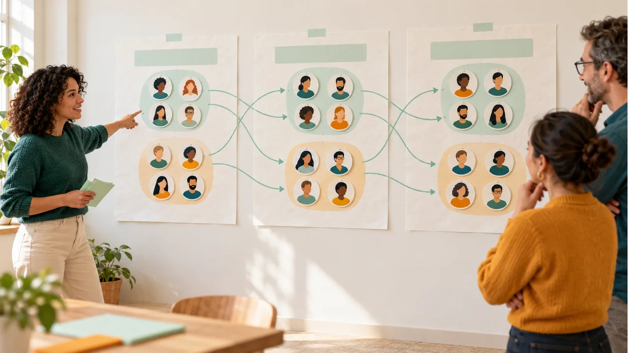 A facilitator and two adults review three wall sheets showing participants moving between groups across rounds