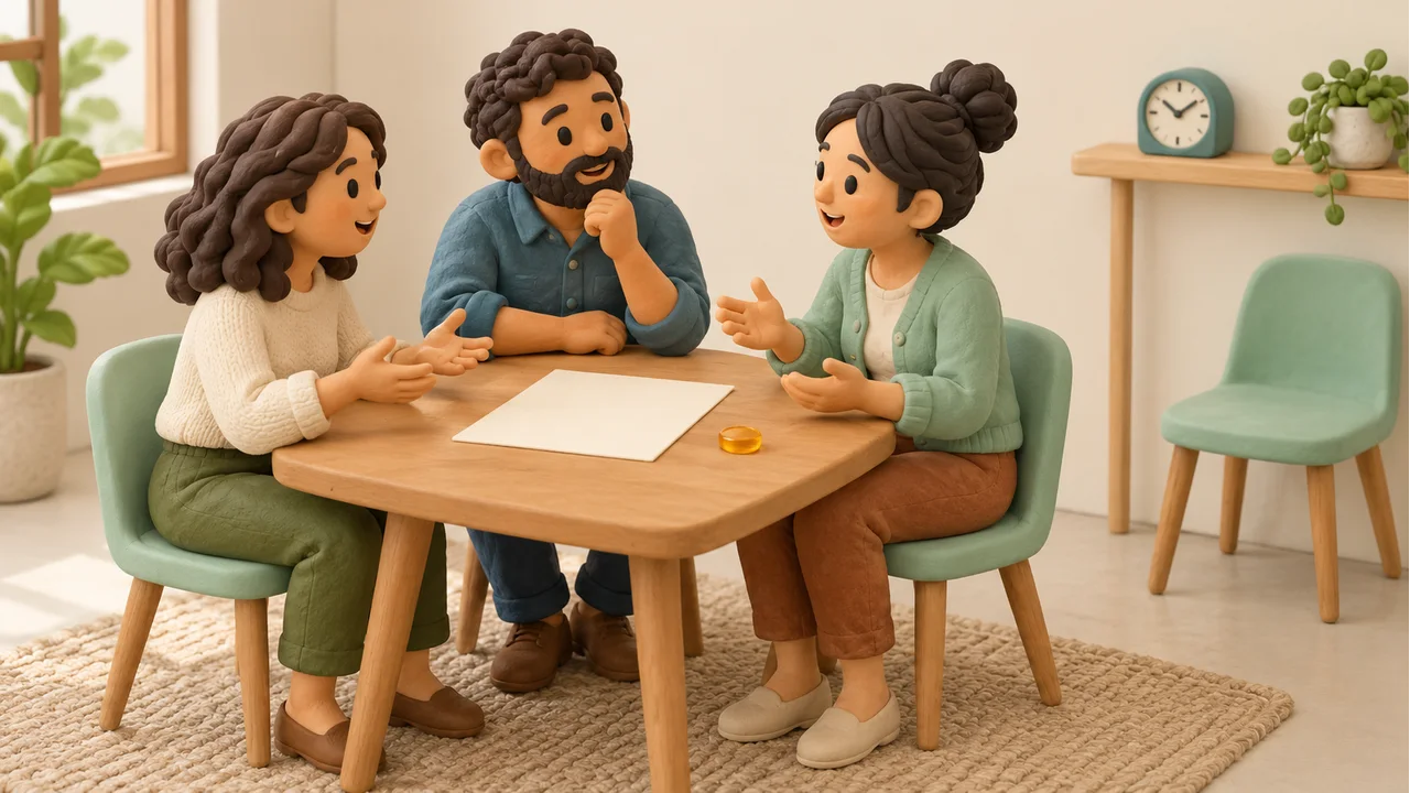 Three workshop participants discuss a blank prompt sheet at a small table beside a teal clock and spare mint chair
