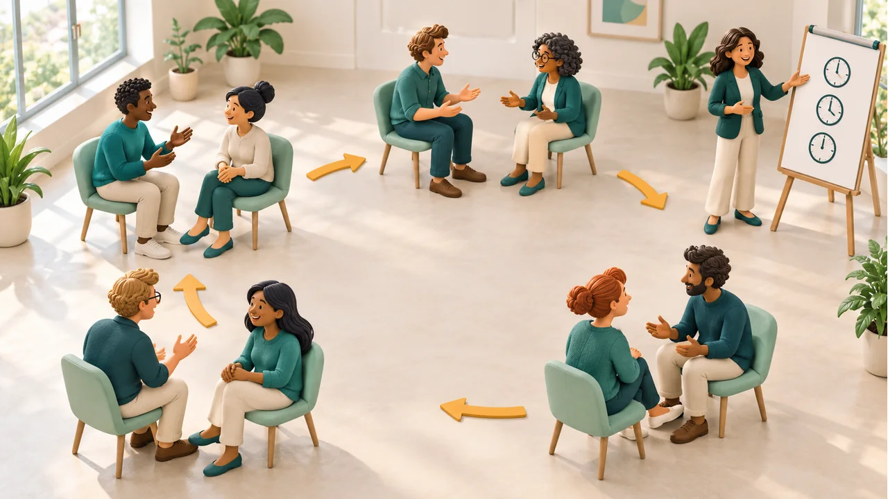 Four conversation pairs sit around an open workshop floor with rotation arrows and a facilitator beside three clock faces