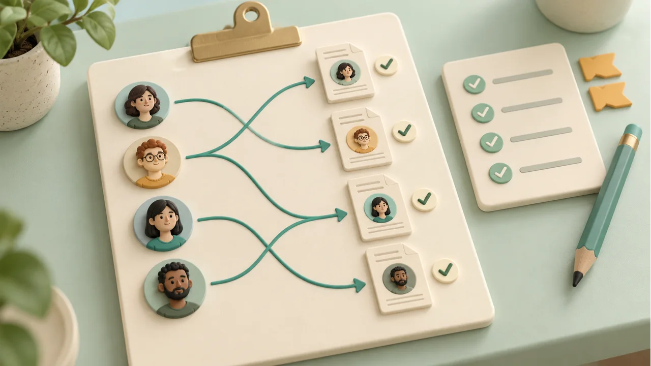 Teacher’s routing clipboard connecting reviewer portrait markers to essay icons with one-way links and matching coverage checkmarks