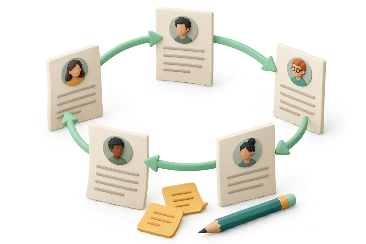 Five clay essay pages with different portrait seals linked by one-way review arrows and annotation notes