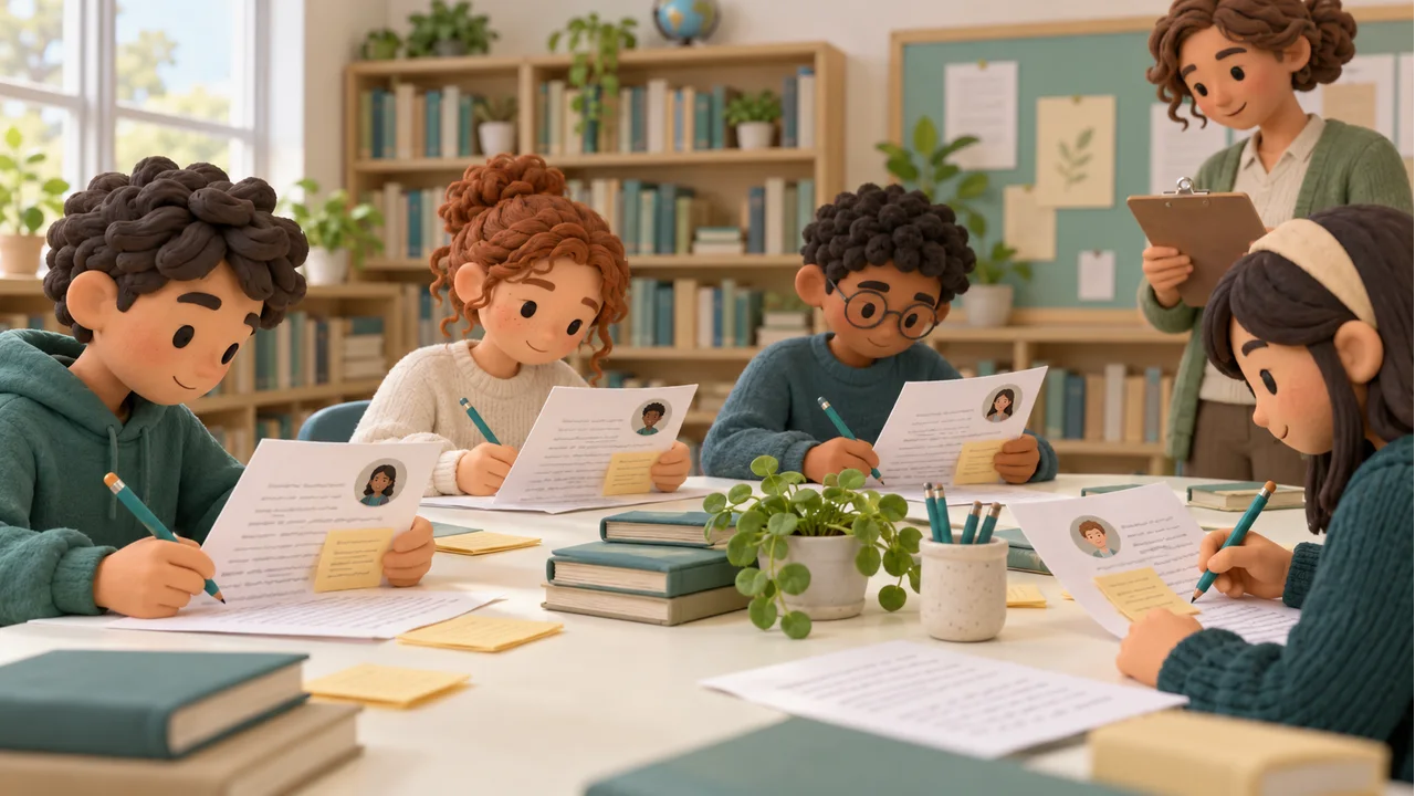 Students in a library writing comments on different classmates’ essays while a teacher checks a reviewer list