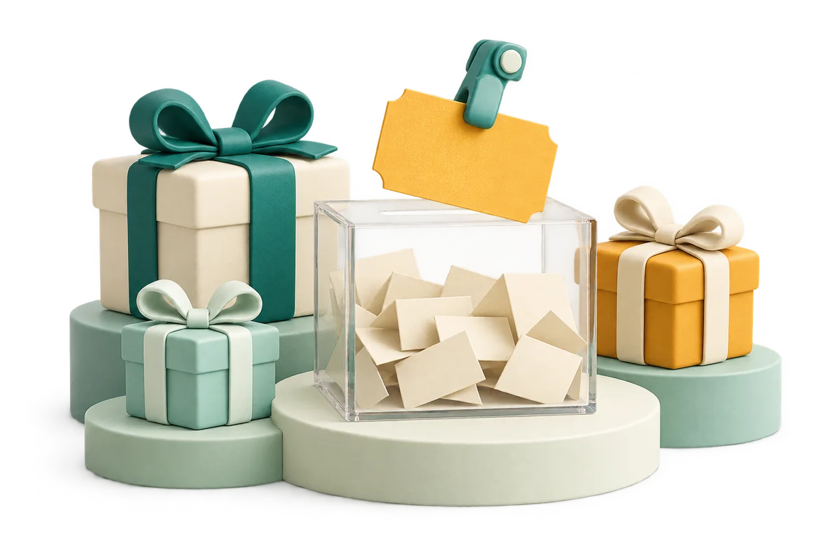 A clear raffle box with a lifted amber ticket and three wrapped gifts on stepped mint podiums