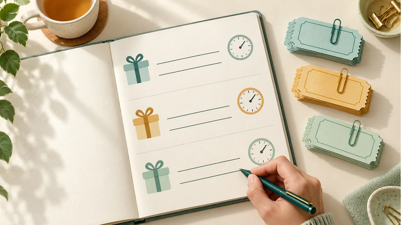 An organizer writes in a prize ledger beside three stacks of clipped ticket stubs and small clock symbols