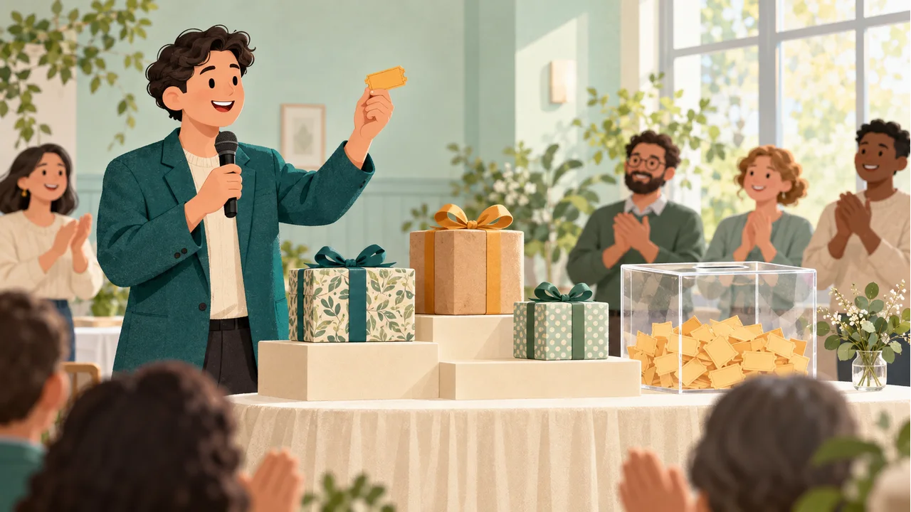An event host displays a winning ticket beside gift parcels and a clear raffle box while adults applaud