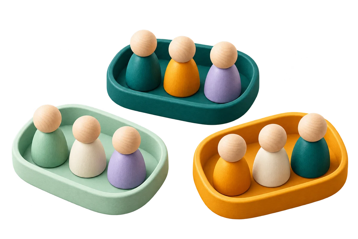 Nine participant tokens divided into three groups of three in separate trays