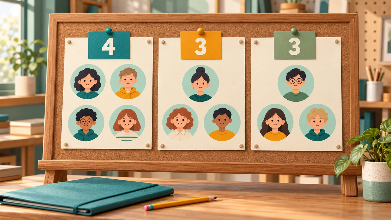 A workshop noticeboard with three roster sheets containing four, three and three participant avatars.