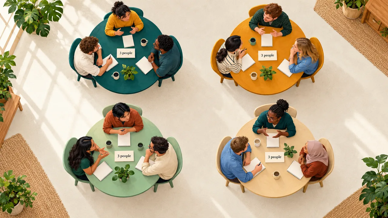 Overhead illustration of twelve workshop participants arranged around four separate colored tables, with three people at each