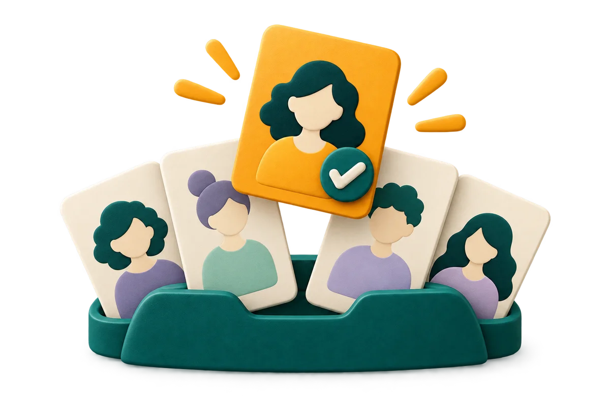 An amber participant card selected from a fan of cards in a teal holder