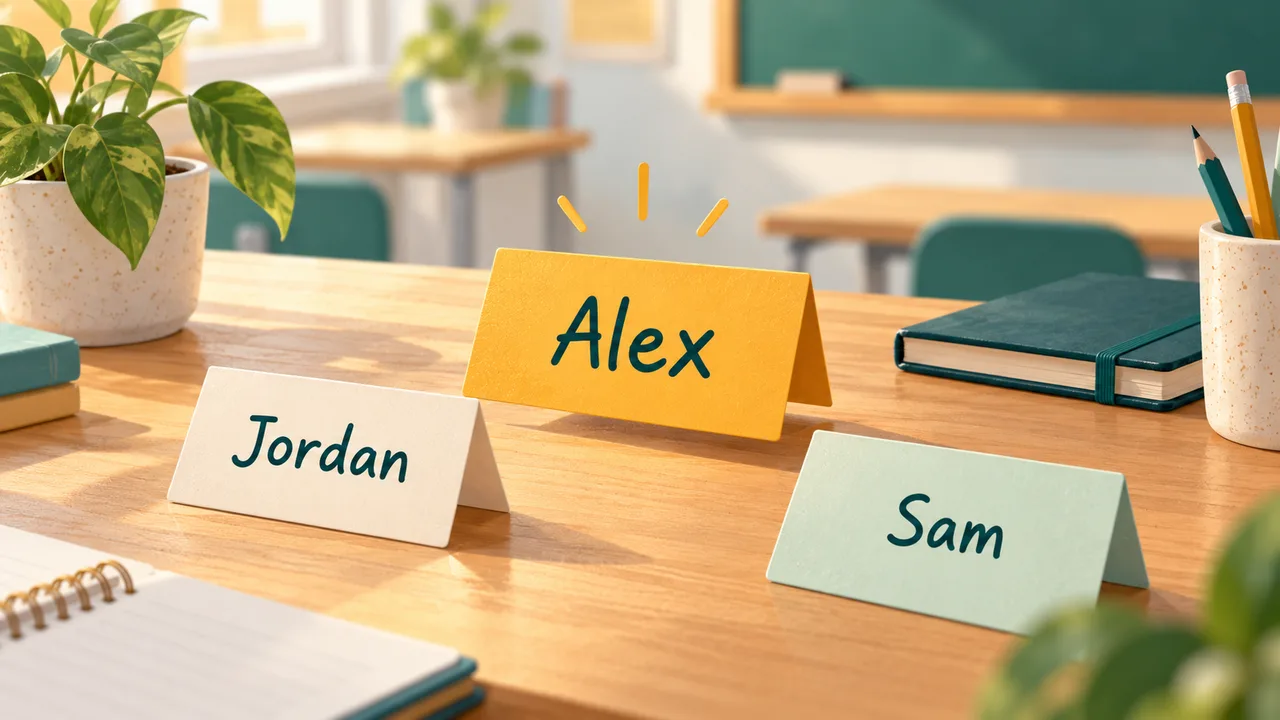 Alex highlighted on an amber participant card among name cards at a teacher’s desk