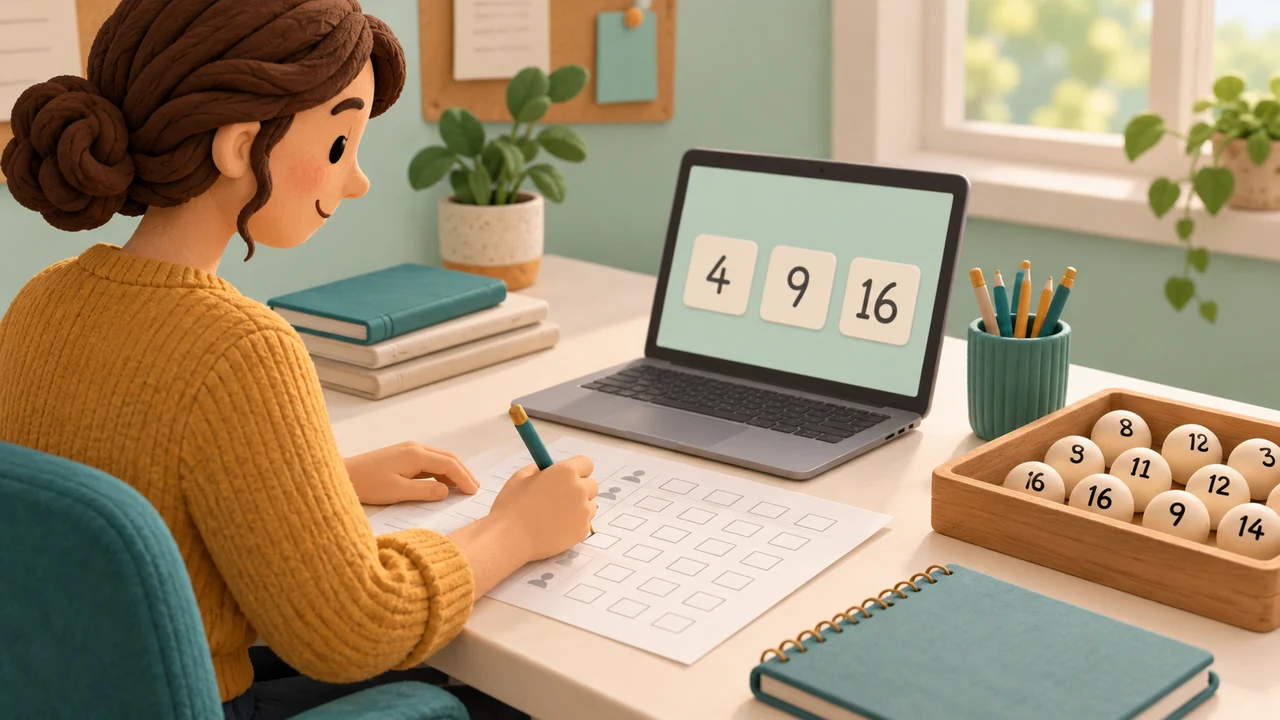 Teacher checks a classroom sheet beside a laptop showing selected numbers 4, 9 and 16