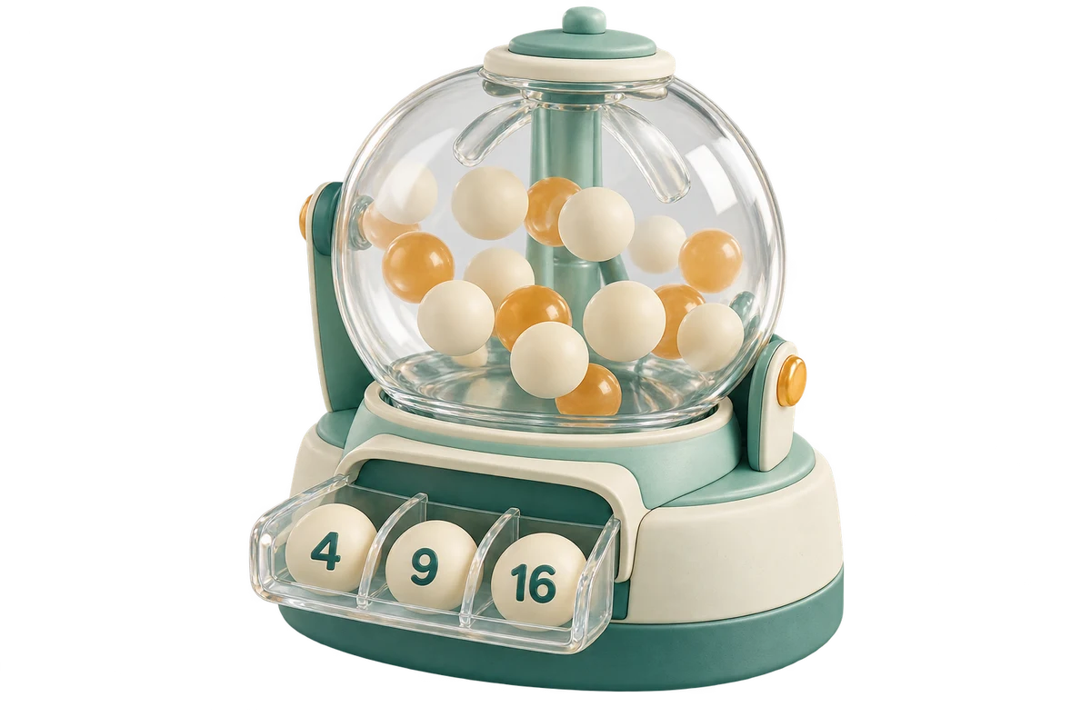 Mint number-drawing machine with a transparent chamber and selected balls marked 4, 9 and 16