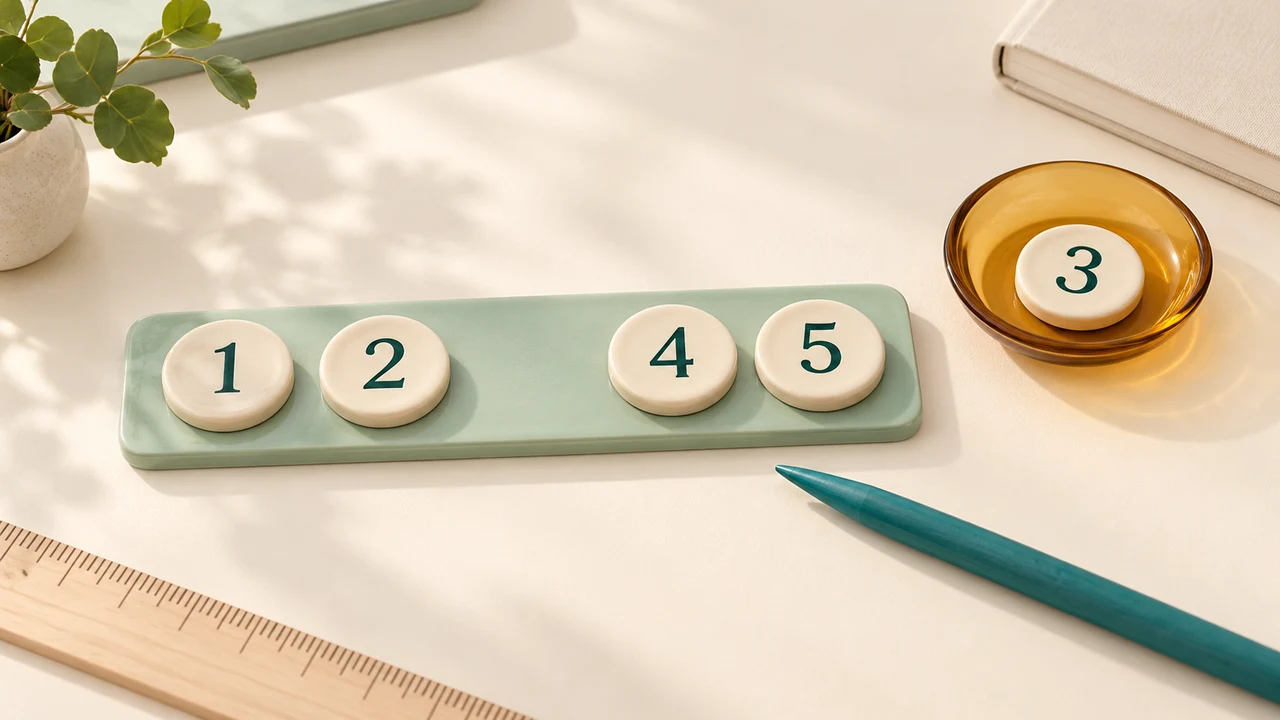 Number tokens 1, 2, 4 and 5 on a mint strip while excluded token 3 sits in a separate amber dish