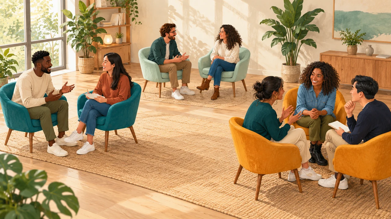 Seven adults practice conversations in three separate seating clusters: two pairs and one trio.