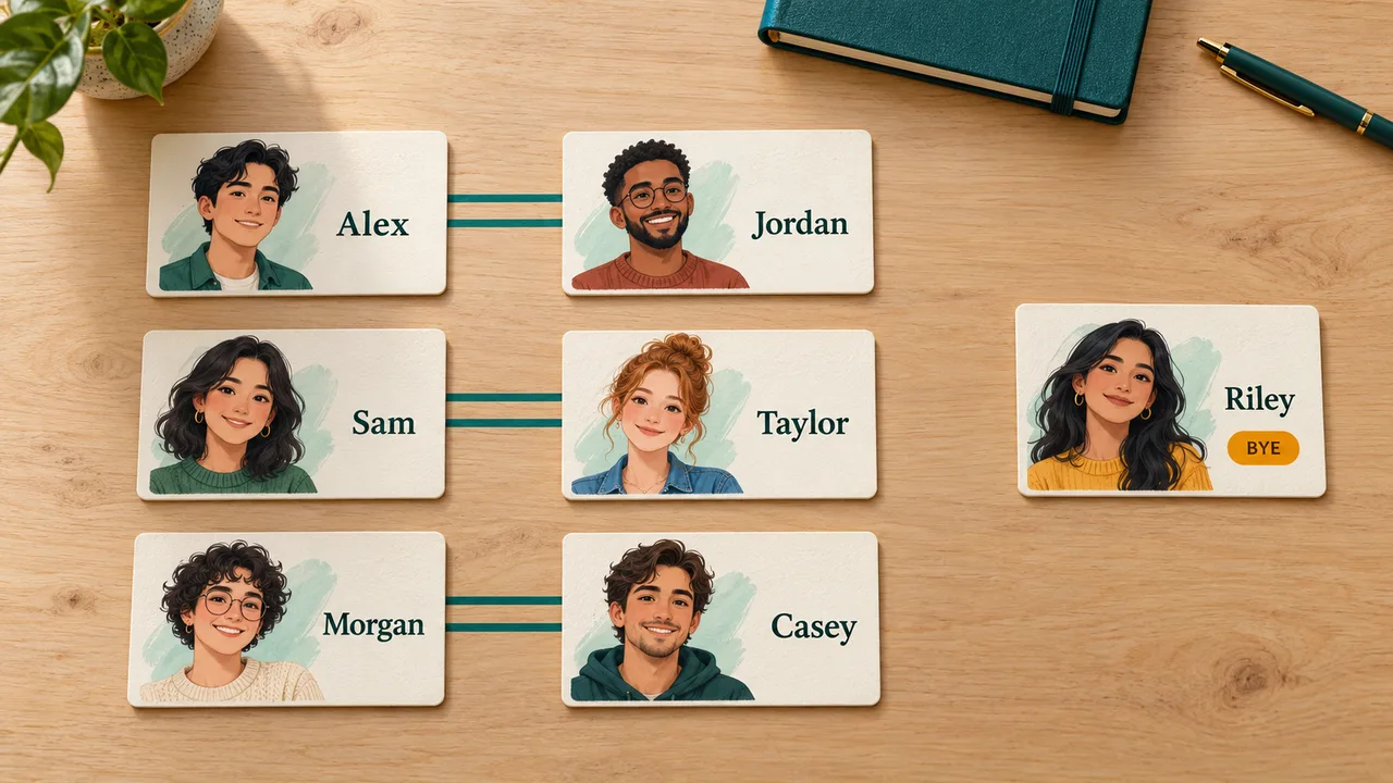 Overhead meeting table with six illustrated name cards connected into three pairs and one separate Riley card marked BYE.